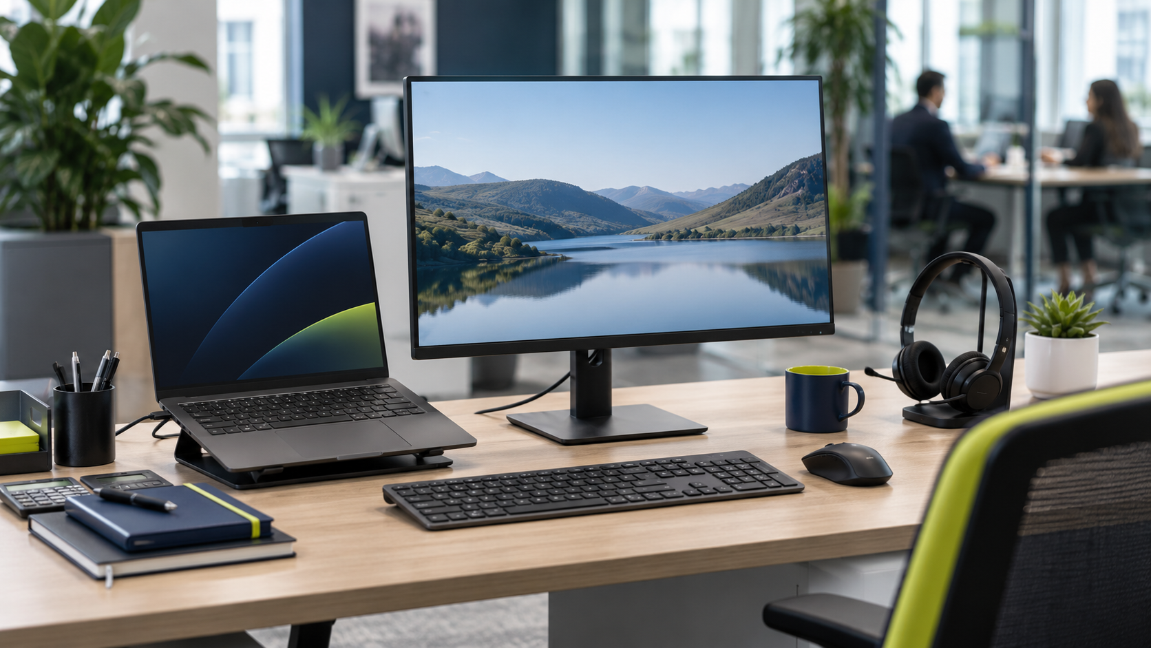 Business laptop, monitor, keyboard and headset arranged as a new employee workstation in a UK office